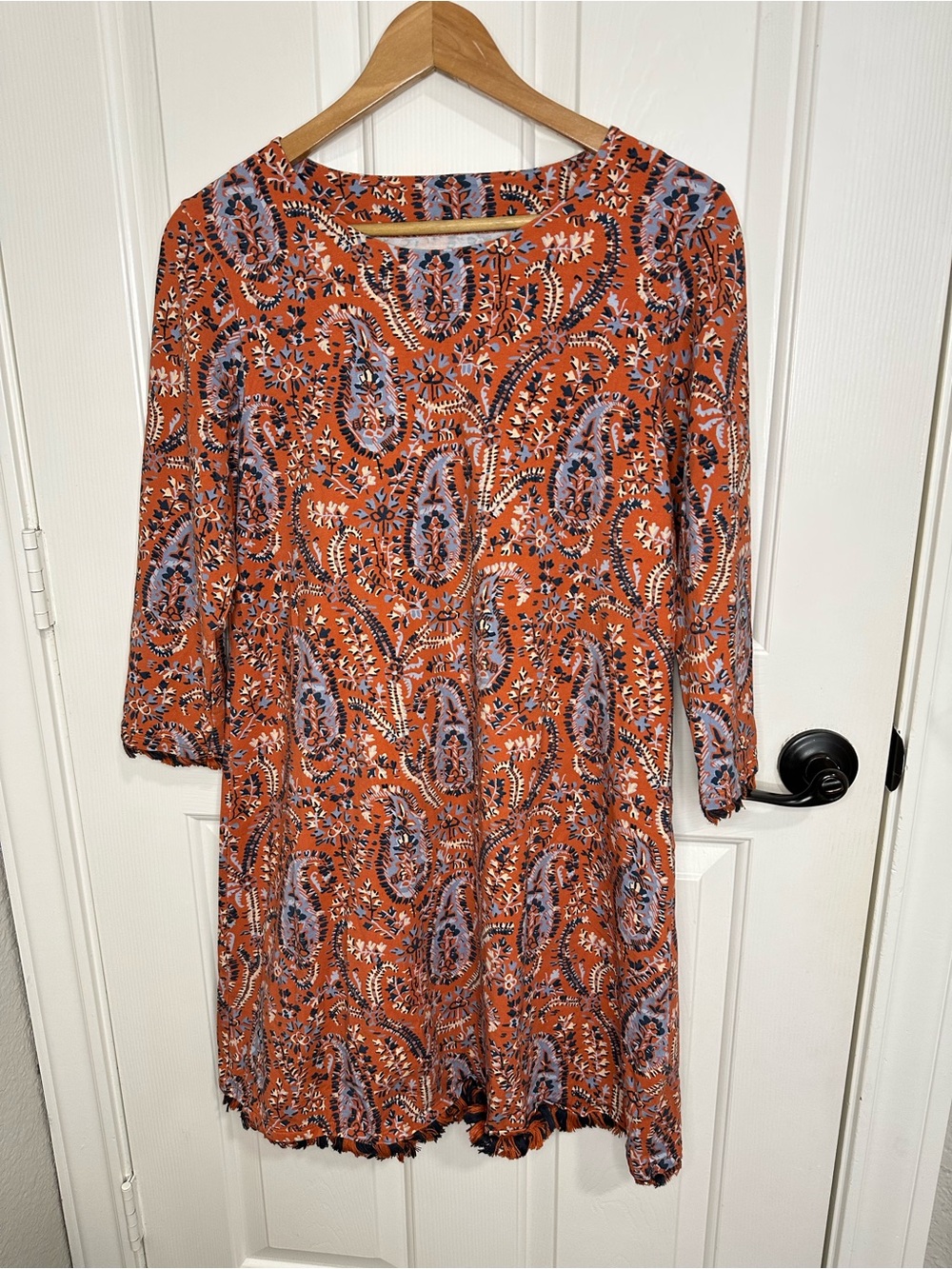 Spartina 449 Orange Blue Island Fringe Paisley Print 3/4 Sleeve Mini Dress Sz M - Picture 2 of 9